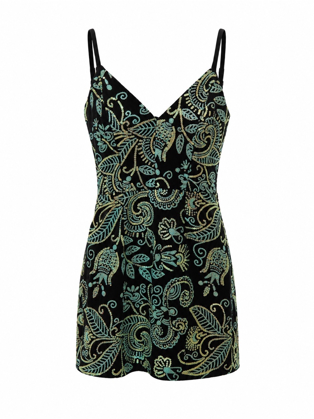Cosmopolitan Dress The Population black/green velvet paisley mini dress, small
